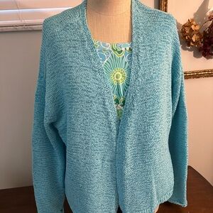 Talbots Aqua Blue Open-Front Cardigan and coordinating floral tee.